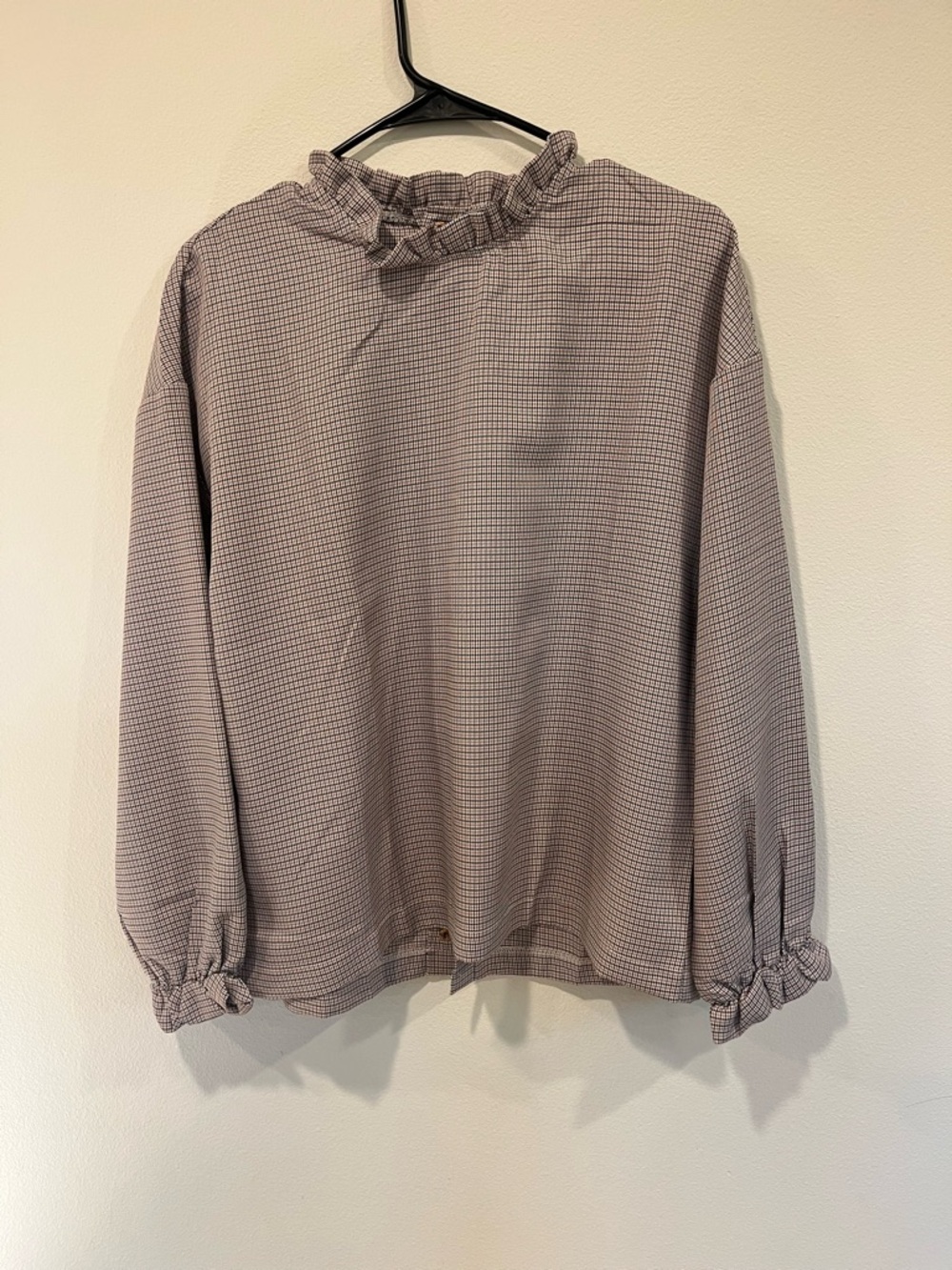 Womens Mauve Check Ruffle-Neck Blouse